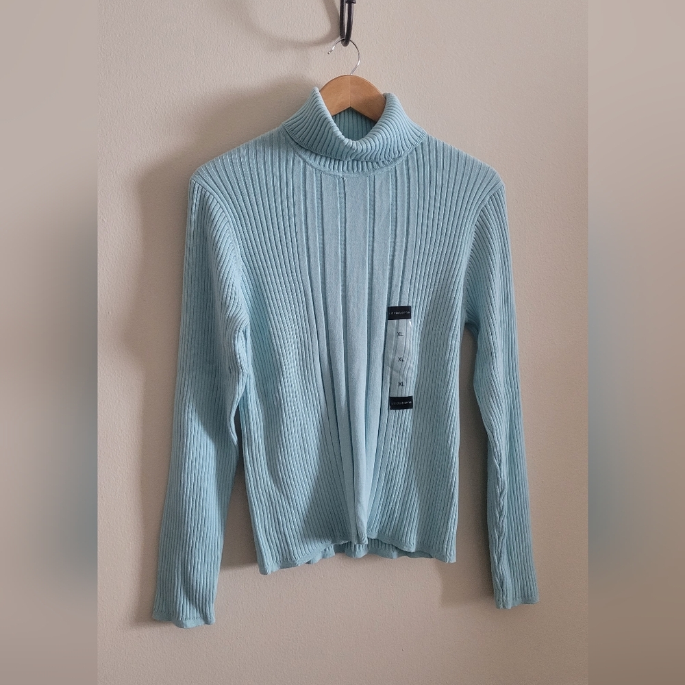 Liz Claiborne Ribbed Cotton Turtleneck Sweater, Women's XL, Robin's Egg Blue